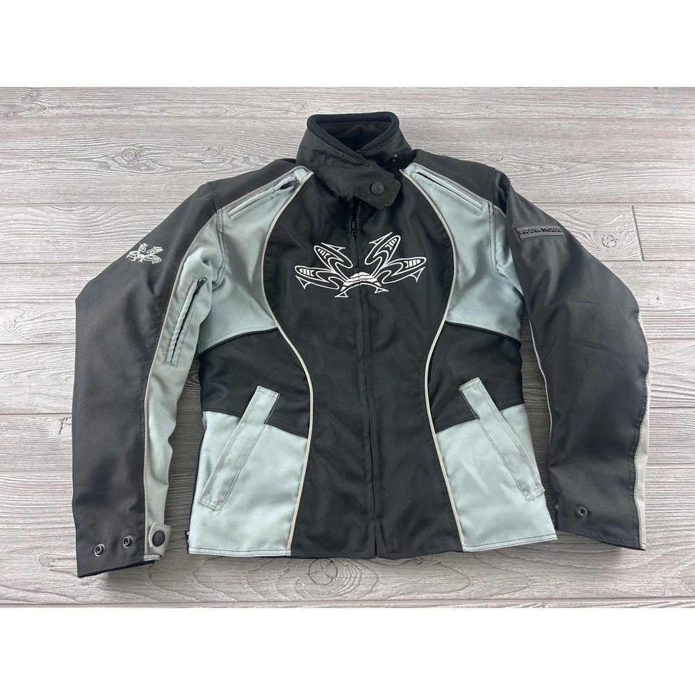 Frank Thomas Lady Rider Motorcycle Jacket Black Grey Tribal Embroidered Womens L